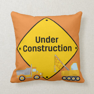Under Construction Sign with Trucks Throw Pillow