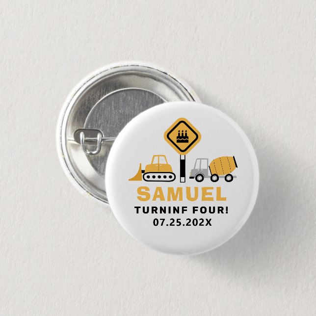 Under construction theme boys' birthday invitation button (Front & Back)