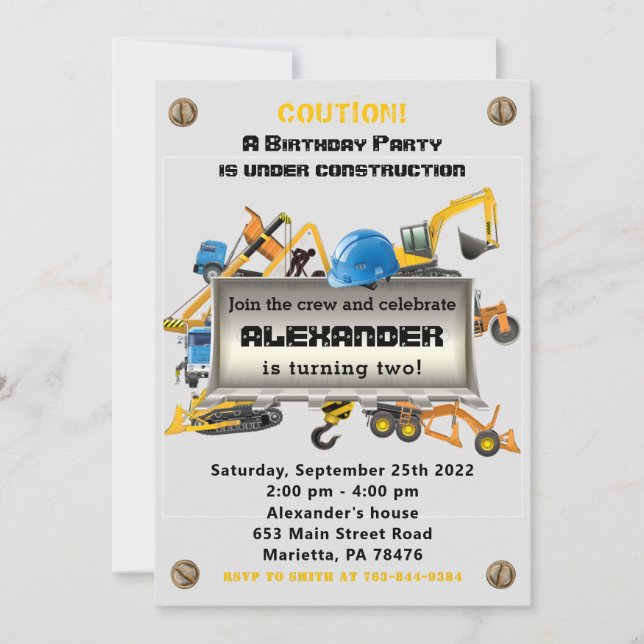 Under Construction Trucks Birthday Party Invitation (Front)