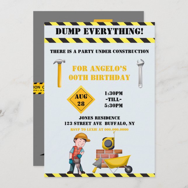 Under Construction Worker Birthday Party (Front/Back)