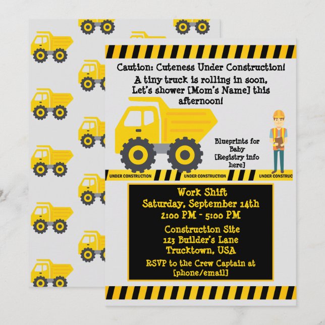 Under Construction Yellow Truck Construction Baby  Invitation (Front/Back)