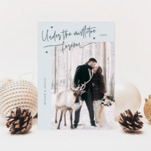 Under Mistletoe Forever Newlywed Photo Slate Blue Holiday Card