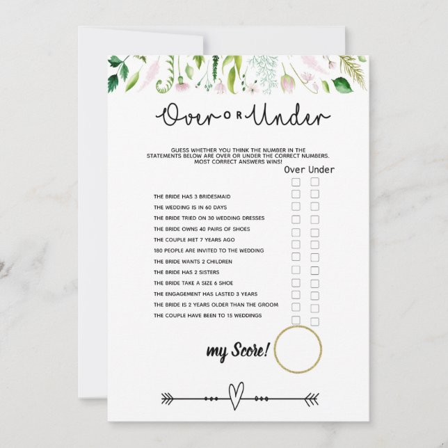 under or over bridal baby shower game invitation (Front)