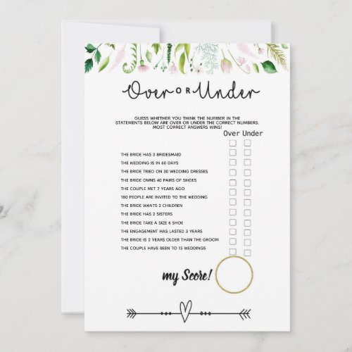 under or over bridal baby shower game invitation