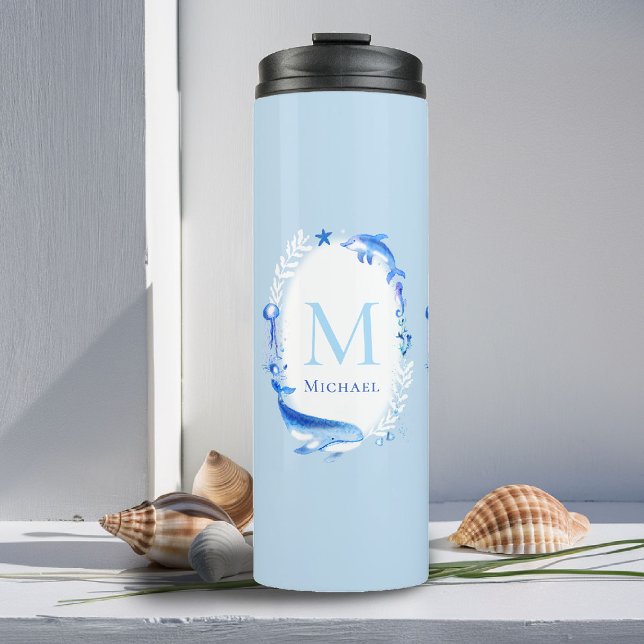 Under Sea Animals Nautical Beach Gift Personalized Thermal Tumbler (beach house tumbler personalized monogram sea animals whale dolphin blue nautical ocean grandchild )