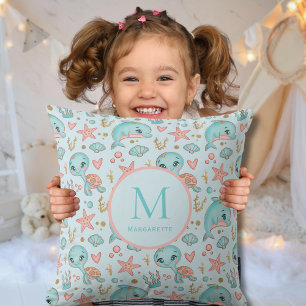 Under sea cute Dolphins and Turtles customized Throw Pillow