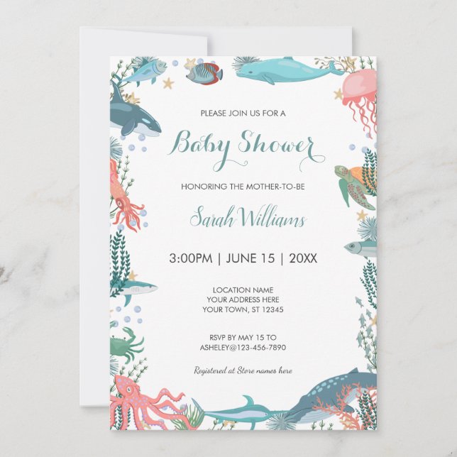 Under Sea Cute Ocean Animals Baby Shower RSVP Invitation (Front)