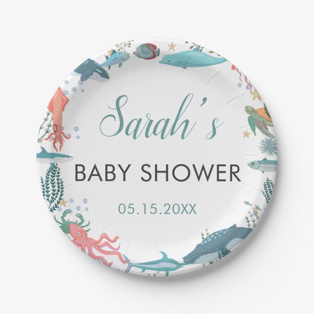 Under Sea Cute Ocean Animals Baby Shower RSVP Paper Plates (Front)