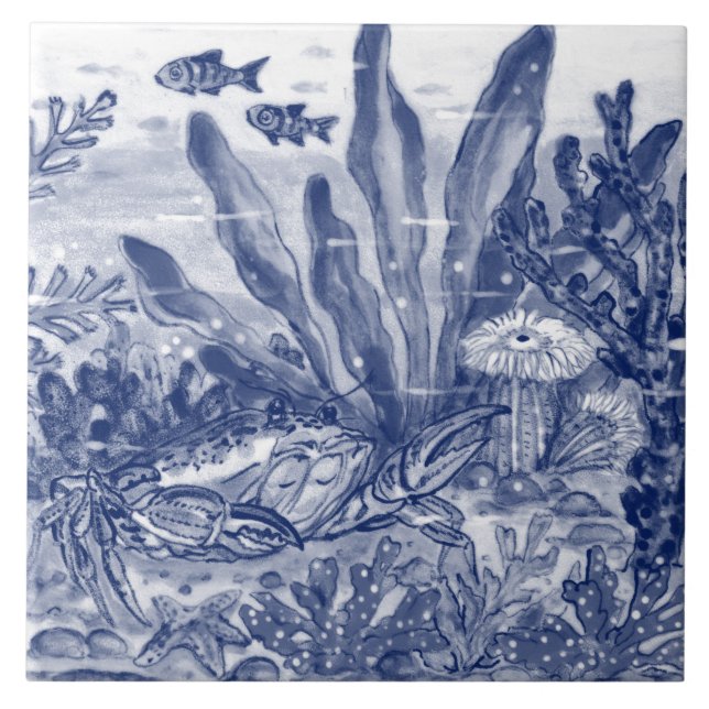 Under Sea Dark Blue Ocean Scene Crab Mural Pc#8 Ce Ceramic Tile (Front)