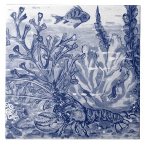 Under Sea Dark Blue Ocean Scene Lobster Mural Pc4 Ceramic Tile