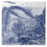 Under Sea Dark Blue Ocean Scene Octopus Mural Pc#5 Ceramic Tile<br><div class="desc">In tones of dark navy blue and white, an underwater ocean scene reveals myriad sea creatures including an octopus, shrimp, sea weed, fish and coral. Adapted from my hand painted, full color ceramic tile mural, this tile is piece #4 of the mural. Eight other tiles complete the mural, all available...</div>