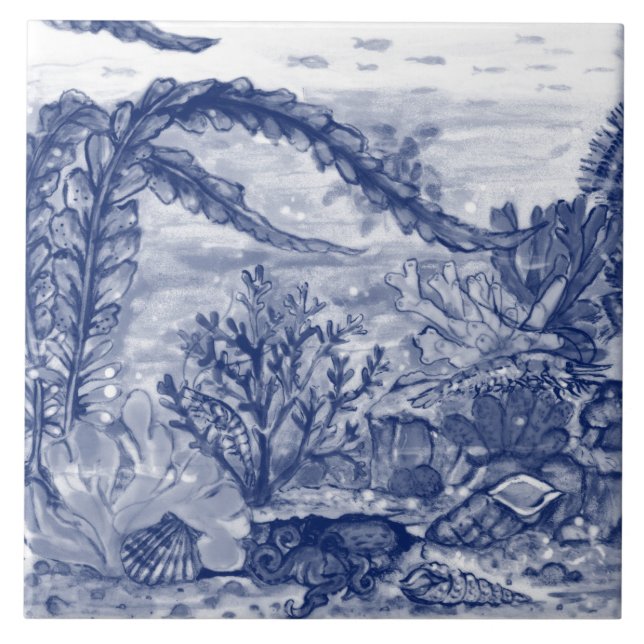 Under Sea Dark Blue Ocean Scene Octopus Mural Pc#5 Ceramic Tile (Front)