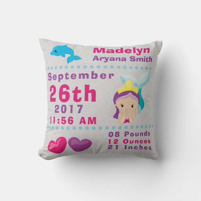 Under Sea Mermaid Dolphin Birth Announcement Stats Throw Pillow (Front)