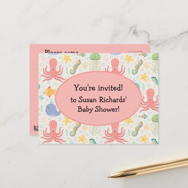 Under Sea Octopus Baby Shower Invitation Postcard (Front/Back In Situ)