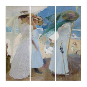 Under the Awning, Beach Scene Watercolor Triptych