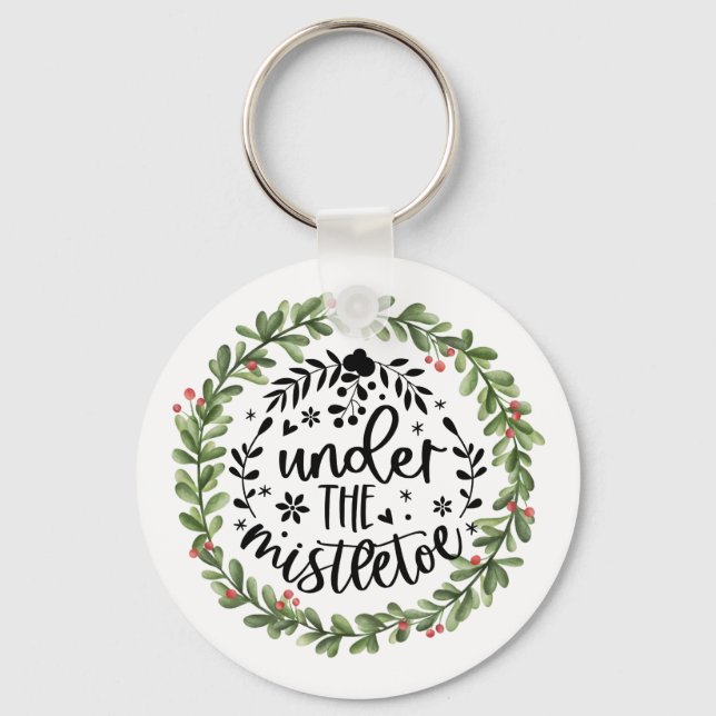 Under the Mistletoe Watercolor Wreath Keychain (Front)