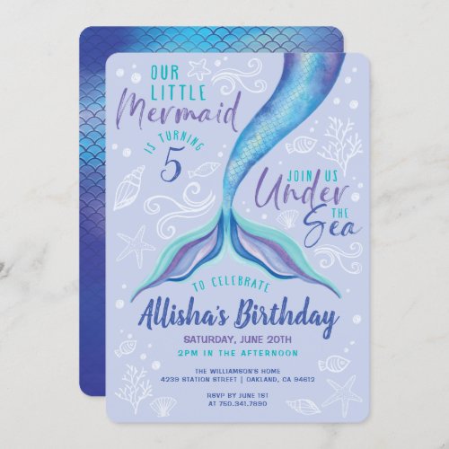 Under The Ocean Blue Iridescent Watercolor Mermaid Invitation