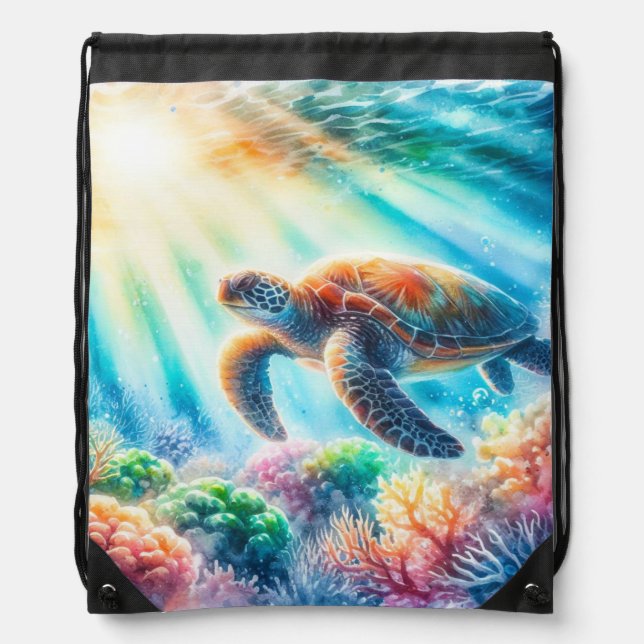 Under the ocean sea turtle drawstring bag (Front)