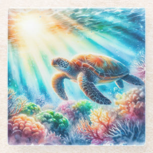 Under the ocean sea turtle glass coaster
