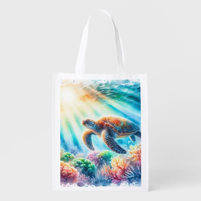 Under the ocean sea turtle grocery bag (Front)