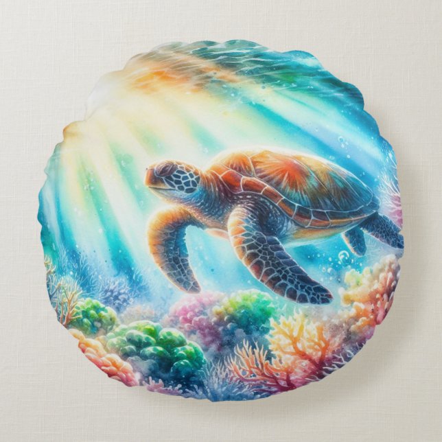 Under the ocean sea turtle round pillow (Front)