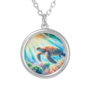 Under the ocean sea turtle silver plated necklace