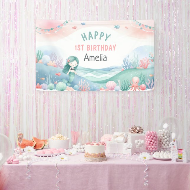 Under-the-Sea 1st Birthday Celebration Mermaid  Banner (Party)