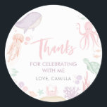 Under The Sea 1st Birthday Thank You Girl Classic Round Sticker<br><div class="desc">Under The Sea - A cute underwater ocean animal themed 1st Birthday favour stickers with watercolor sea animals - Whale,  Turtle,  Jellyfish,  Octopus,  Fish,  Crabs. The perfect thank you stickers for your girls ocean themed first birthday party.</div>