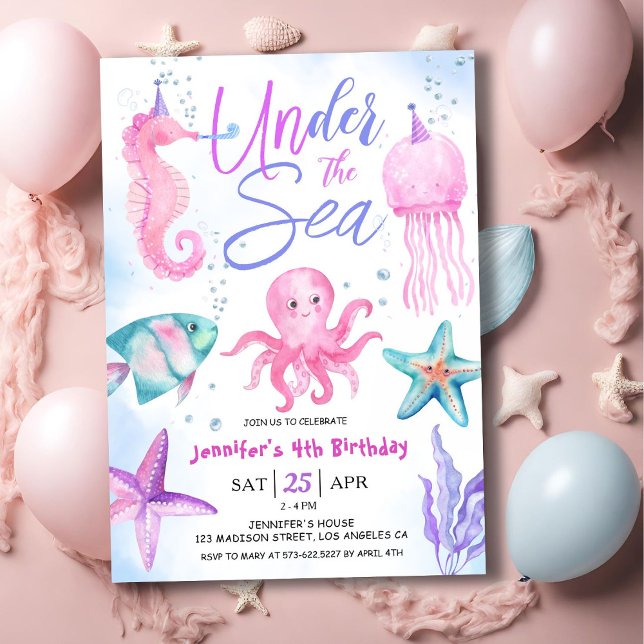 Under The Sea! 4th Birthday Girl Pink Ocean Invitation (Creator Uploaded)