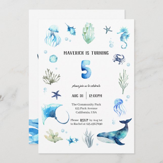 Under The Sea 5th Birthday Invitation (Front/Back)