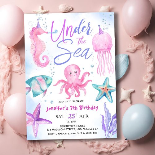 Under The Sea 7th Birthday Girl Pink Ocean Invitation