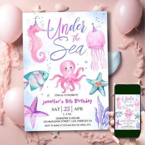 Under The Sea 9th Birthday Girl Pink Ocean Invitation