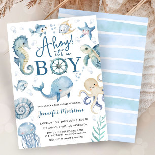 Under the Sea Ahoy It's a Boy Baby Shower Blue Invitation