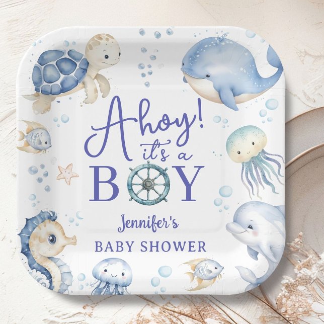 Under The Sea Ahoy It's A Boy Ocean Baby Shower Paper Plates (Creator Uploaded)