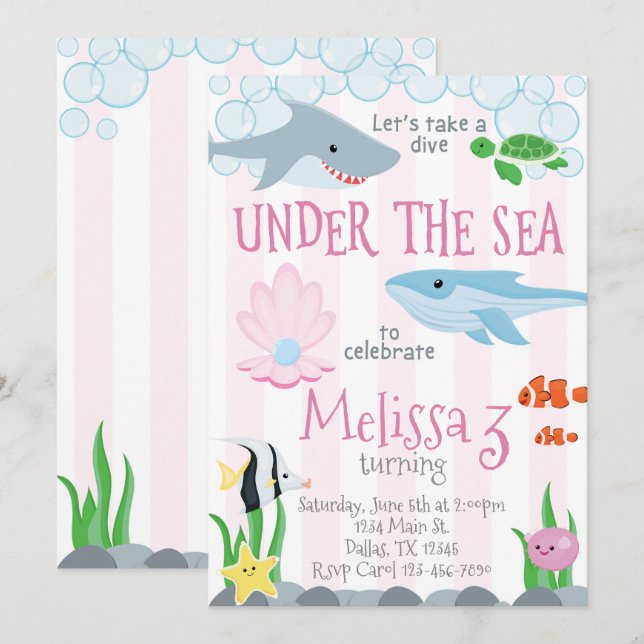 Under the Sea Animal Birthday Party Invitation (Front/Back)