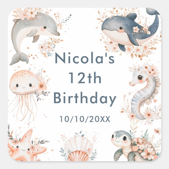 Under The Sea Animals Birthday Party Square Sticker (Front)