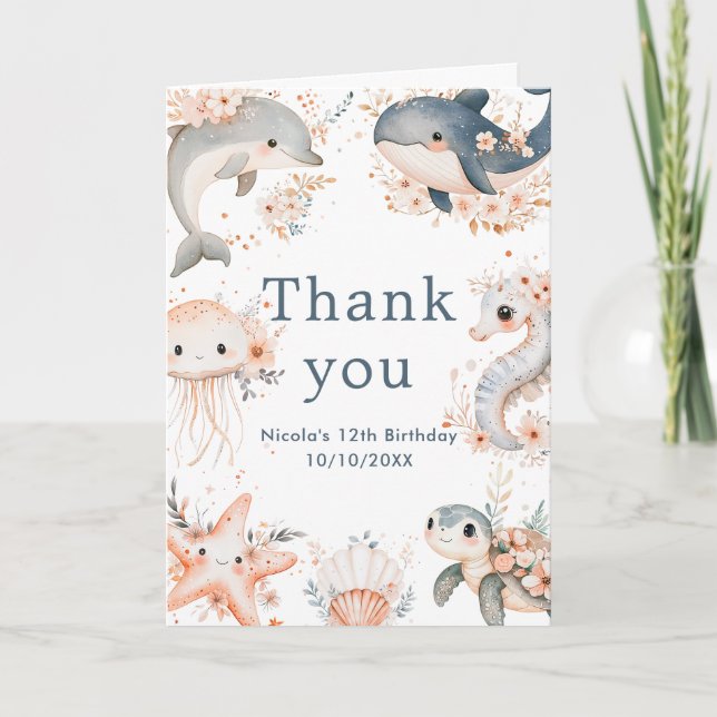 Under The Sea Animals Birthday Party Thank You Card (Front)