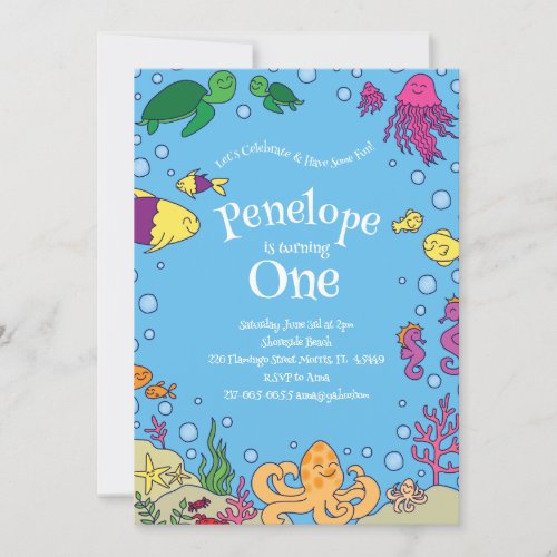 Under the Sea Animals Cute 1st Birthday Party Invitation