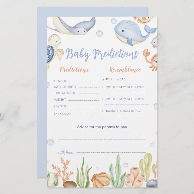 Under the sea animals ocean Baby  predictions card (Front/Back)
