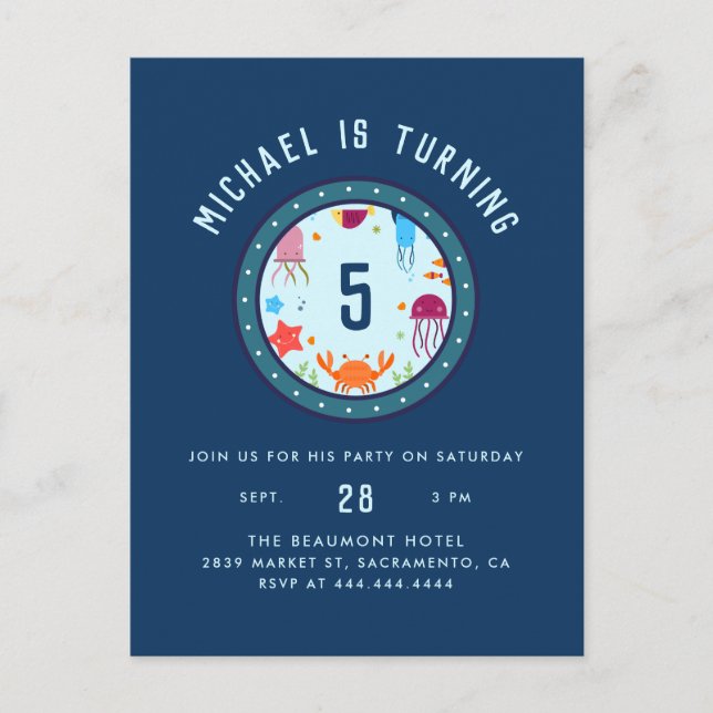 Under The Sea Animals Porthole Blue Birthday Party Invitation Postcard (Front)