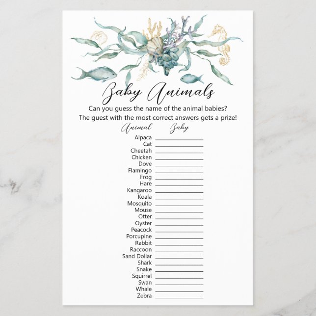 Under the Sea Baby Animals Game Card Flyer (Front)