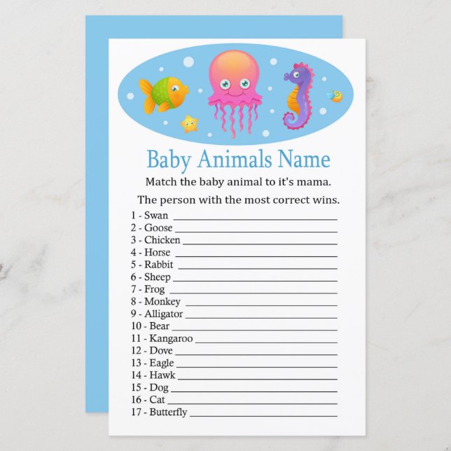 Under the sea Baby Animals Name Game (Front/Back)