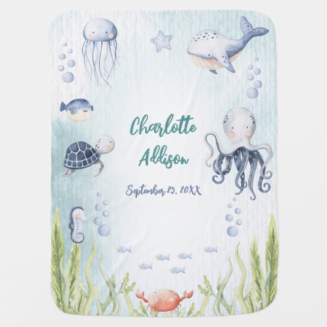 Under The Sea Baby Blanket Custom Name Birth Date (Front)