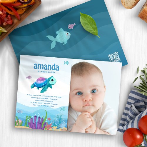 Under the Sea Baby Girl 1st Birthday Party Photo   Invitation