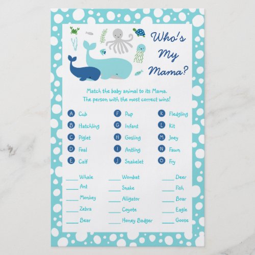 Under The Sea Baby Shower Animal Match Game Flyer