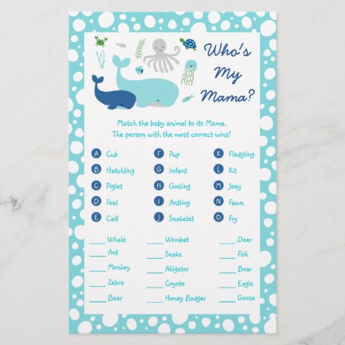 Under The Sea Baby Shower Animal Match Game Flyer