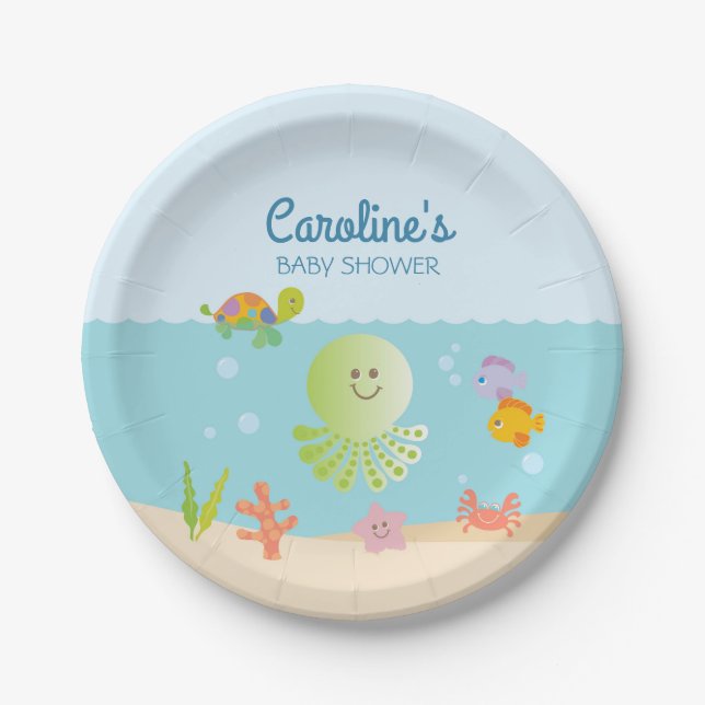 Under the Sea Baby Shower Blue and Green Paper Plates (Front)