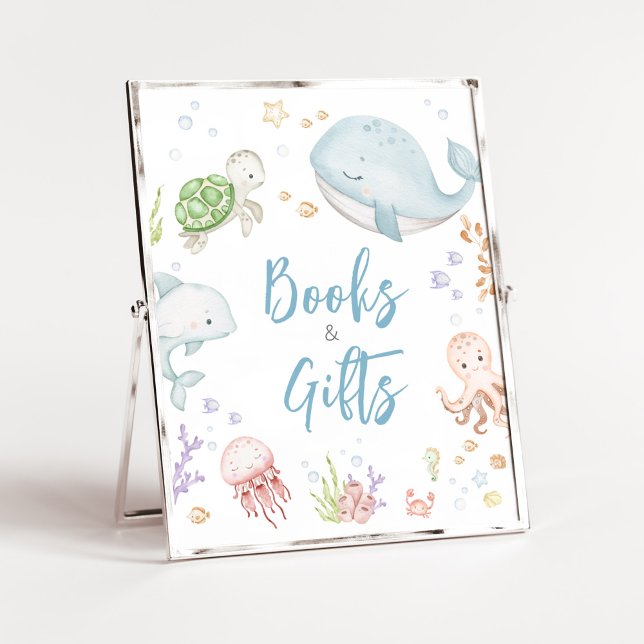 Under The Sea Baby Shower Books and Gifts Poster (Sea Creatures Ocean Baby Shower Books and Gifts Sign)