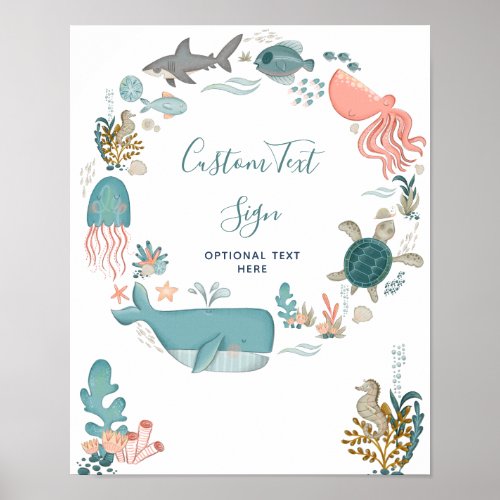 Under the Sea Baby Shower Custom Text Poster - Designed to coordinate with our bestselling Under the Sea baby shower invitation suite, this beautiful party poster features a hand painted watercolor wreath of sea creatures, hand lettered script typography, and matching decorative elements. It is designed so that you can create many 'stations' with custom signage for each. Copyright Elegant Invites, all rights reserved.