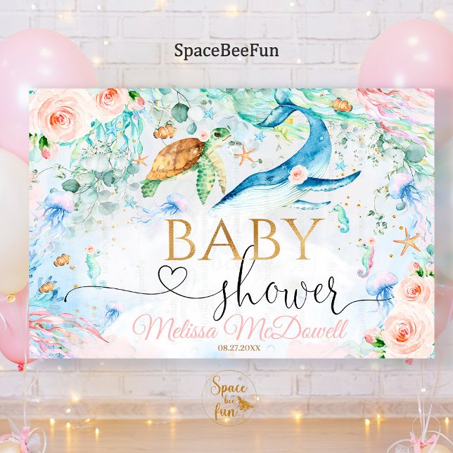 Under the sea Baby Shower Girl Backdrop Banner (under the sea,baby shower,girl backdrop banner,ocean sea baby shower,under the sea baby shower,welco)